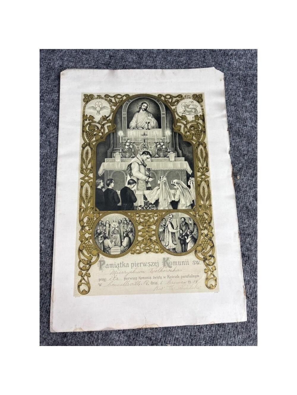 Religious Certificate 1919 Communion Keepsake Pamiątka Pierwszej Komunii Świętej